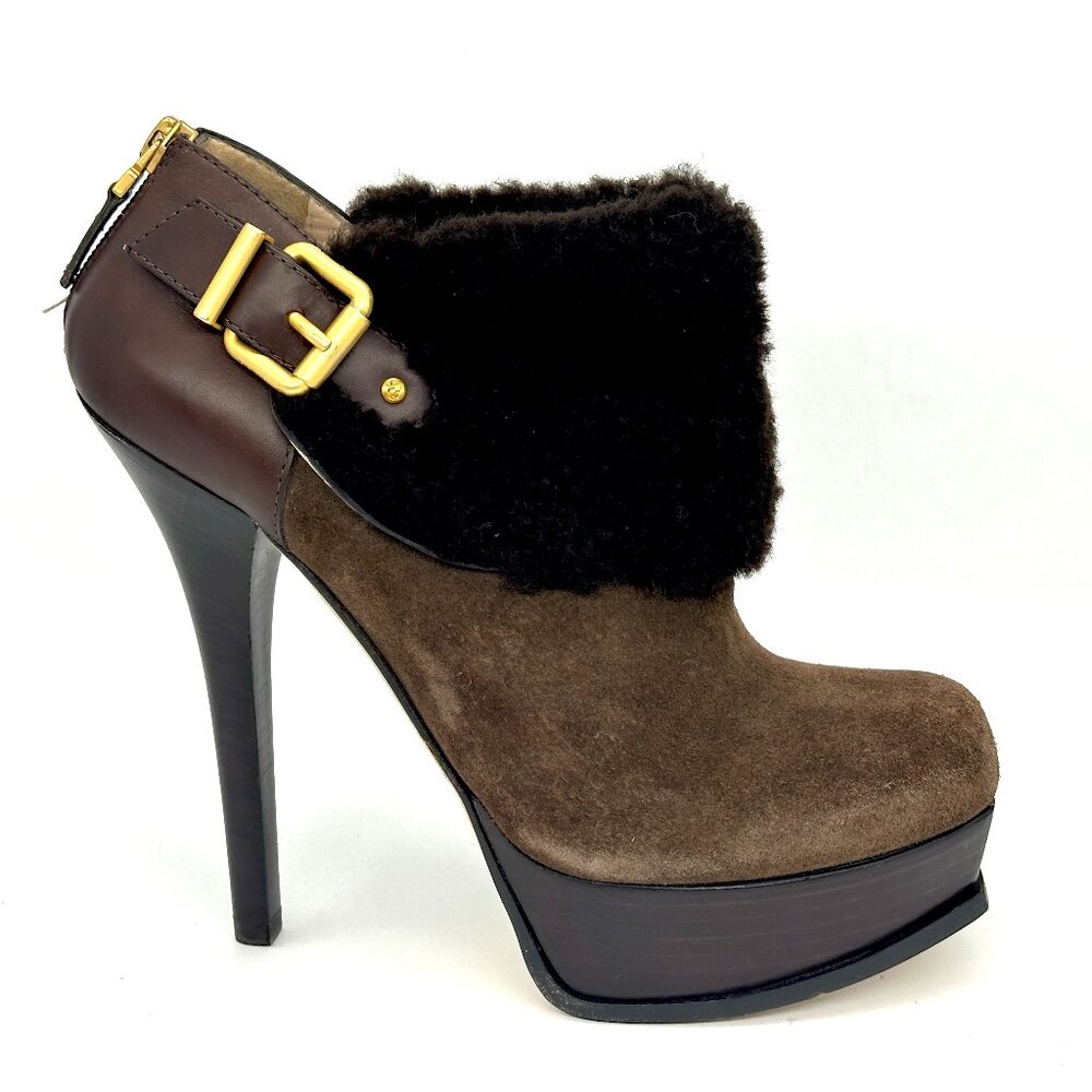 FENDI Fendista Shearling Fur Suede Buckle Platform Ankle Bootie Heels Boots - Picture 10 of 16